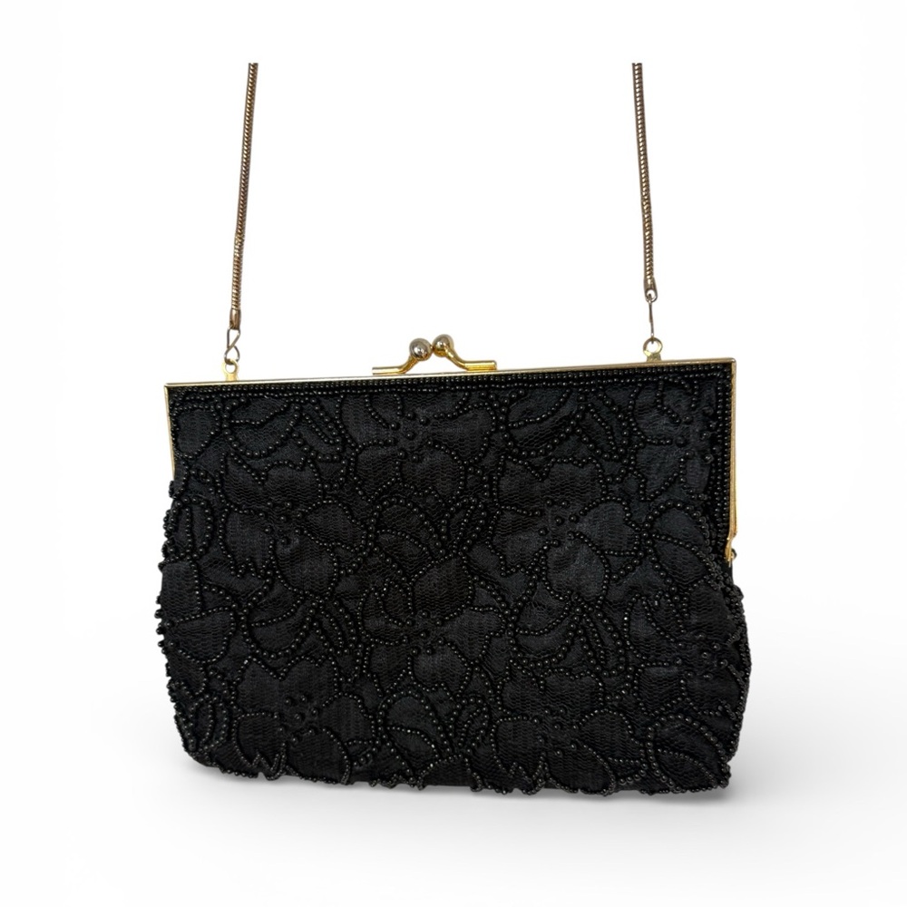 Vintage Carla Marchi Black Flower Beaded Purse- Chain Strap